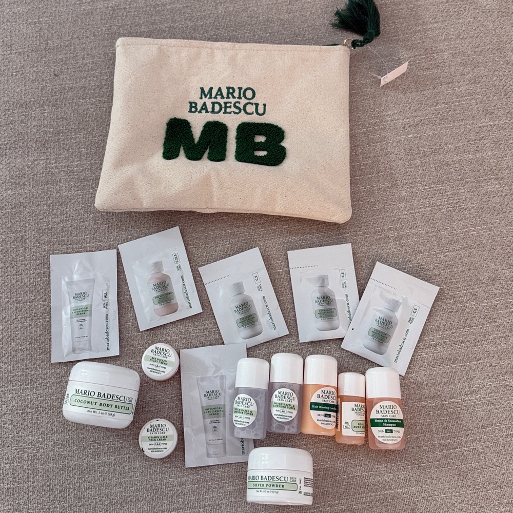 NEW Mario Badescu Cream Pouch with Green Embroidery and samples